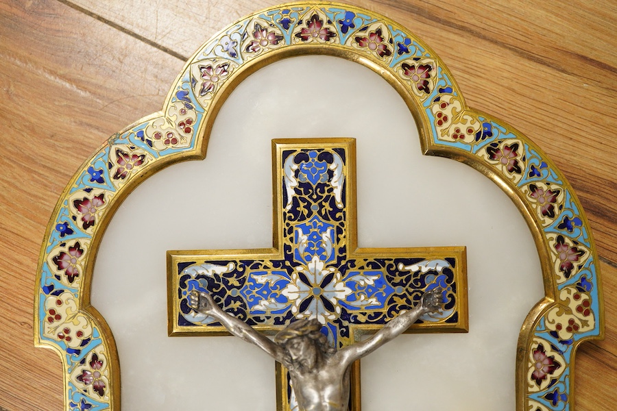 A French champleve enamel, alabaster and silvered bronze ‘benitier’, 36cm